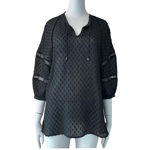 OHNE TITLE Rare Sheer Swiss Dot Loose Fit Black Blouse Tie Neck 3/4 Sleeves Sz 6 - Picture 14 of 15